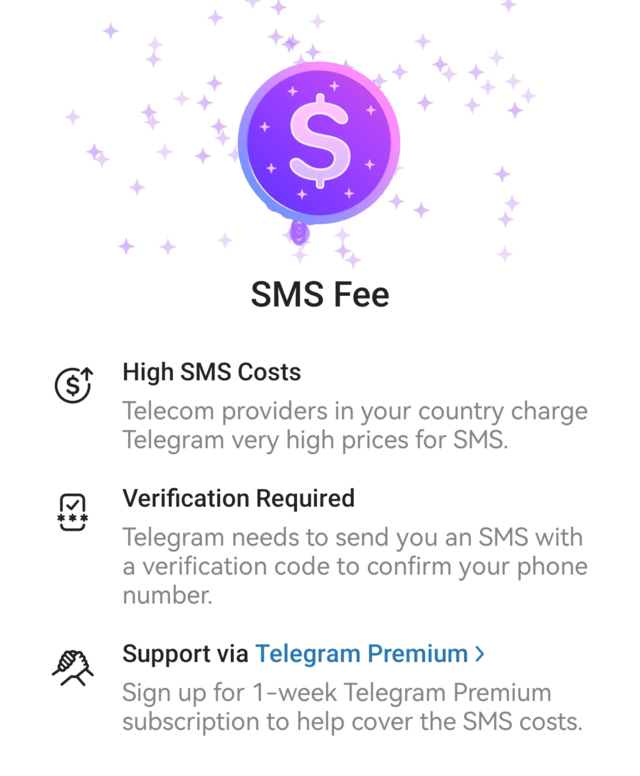 Screenshot of the Telegram app, showing one has to pay to get an SMS to log in.
